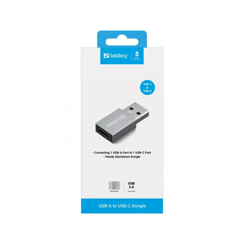 Dongle Sandberg USB-A a USB-C, USB-A, USB-C, alluminio