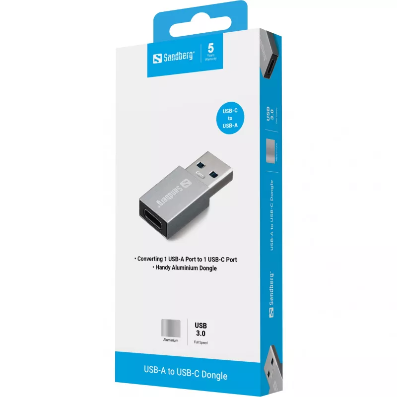 Dongle Sandberg USB-A a USB-C, USB-A, USB-C, alluminio