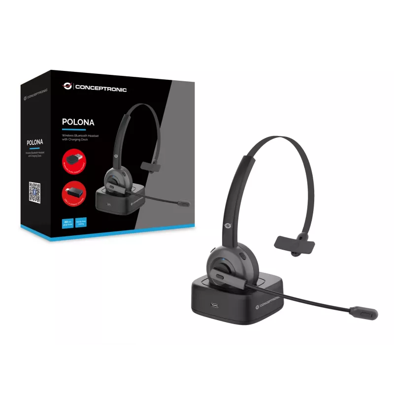 Conceptronic POLONA Headset Bluetooth wireless con base di ricarica e adattatore audio Bluetooth USB-A