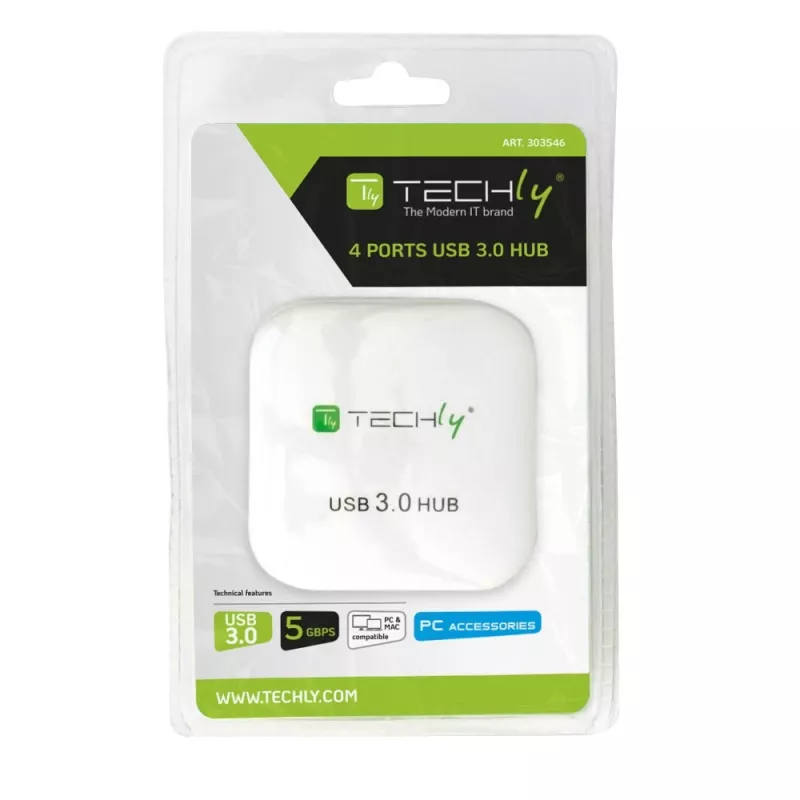 Techly hub USB 3.0 Super Speed 4 porte bianco IUSB3-HUB4-WH, USB 3.2 Gen 1 (3.1 Gen 1) Type-A, 5000 Mbit/s, bianco, 0,8 m, CE, RoHS, USB 2.0 USB 1.1