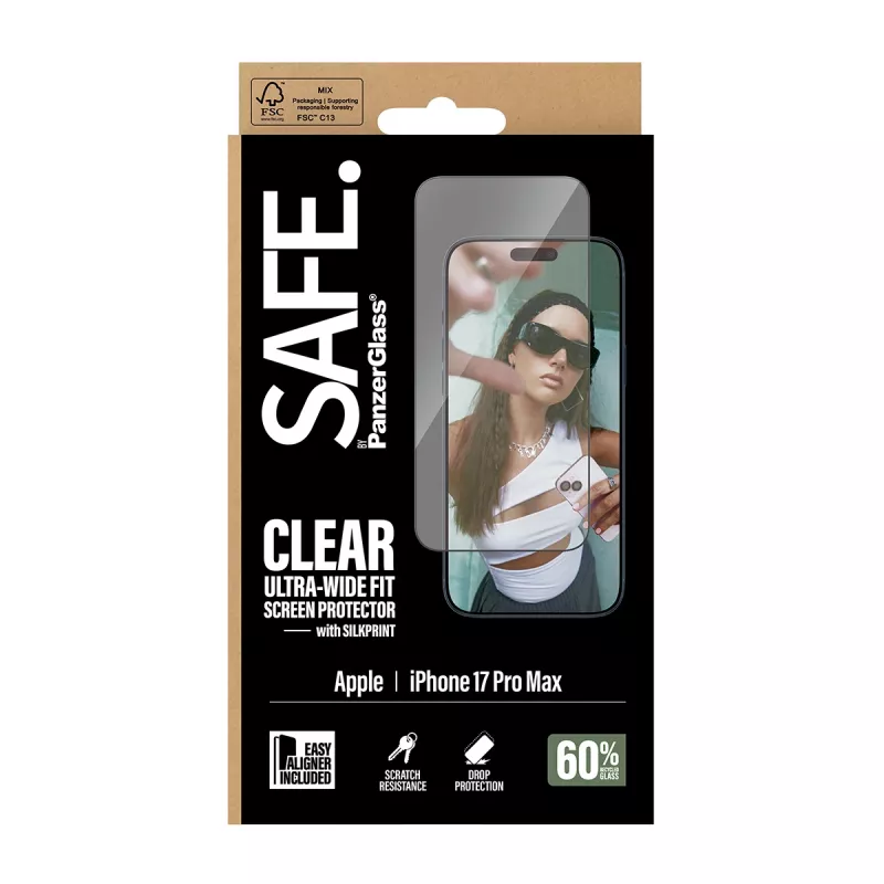 Protezione display PanzerGlass SAFE. per iPhone 17 Pro Max – pellicola PET ultra-grandangolare con cornice nera, EasyAligner, antigraffio e antishock