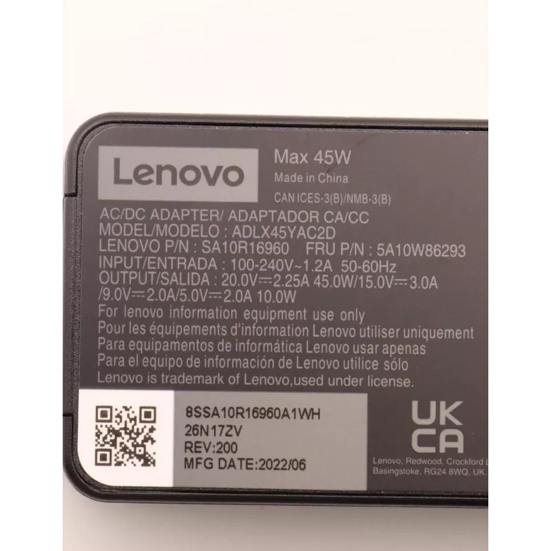 Lenovo 5A10W86293 alimentatore/inverter per interni 45 W nero