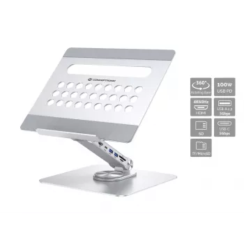 Conceptronic DONN27G, supporto per laptop, argento, alluminio, 360°, USB 3.2 Gen 1 (3.1 Gen 1) Type-C, 5000 Mbit/s