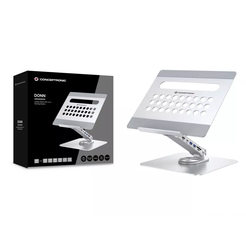 Conceptronic DONN27G, supporto per laptop, argento, alluminio, 360°, USB 3.2 Gen 1 (3.1 Gen 1) Type-C, 5000 Mbit/s