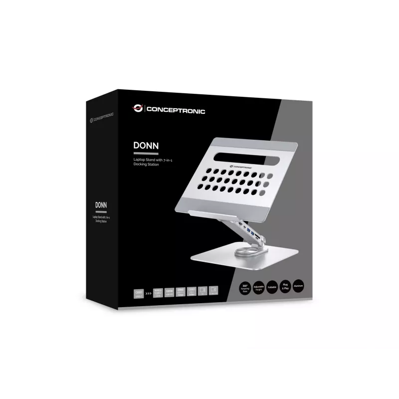Conceptronic DONN27G, supporto per laptop, argento, alluminio, 360°, USB 3.2 Gen 1 (3.1 Gen 1) Type-C, 5000 Mbit/s