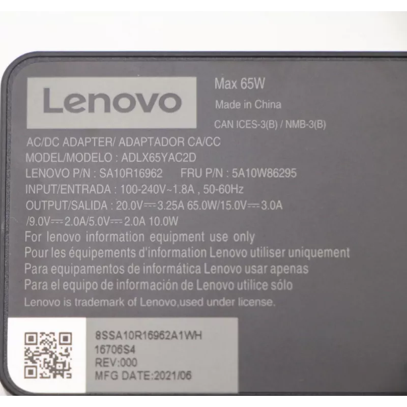 Lenovo 5A10W86295 alimentatore per interni 65 W nero