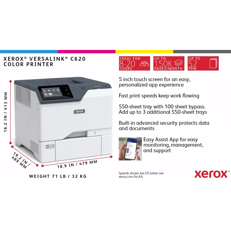 Xerox VersaLink C620 A4 50ppm Duplex Stampante PS3 PCL5e/6 2 vassoi 650 fogli