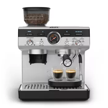 Macchina per espresso KRUPS XP801T semiautomatica con macinacaffè integrato, serbatoio acqua 3 litri, erogazione 2 tazze, nero/acciaio inox