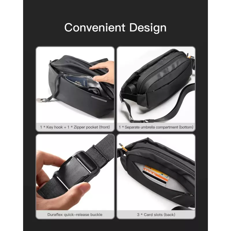 Borsa a tracolla Inateck LB03014 — unisex poliestere 900D, zip, 4 l, nero