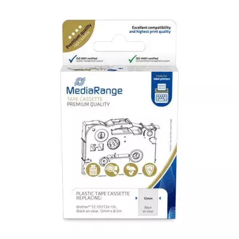 Cartuccia nastro plastico MediaRange TZ-131 12mm nero su trasparente