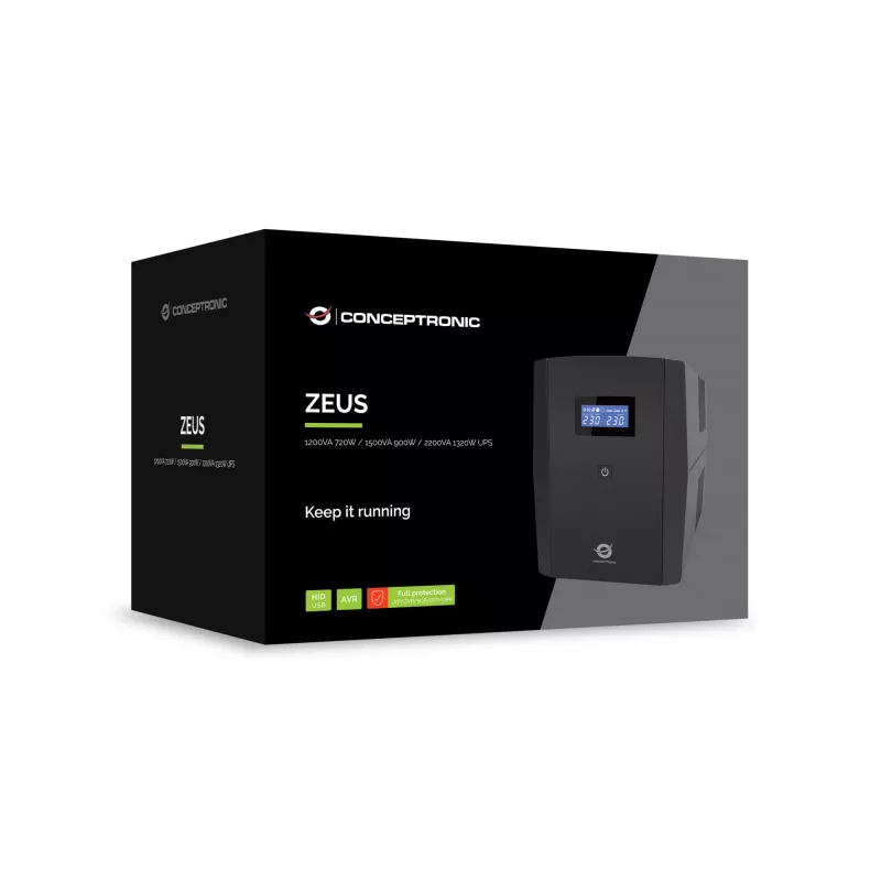 Conceptronic ZEUS03G 1200VA 720W UPS, 4 prese UK, HID-USB, ingresso/uscita RJ45, AVR