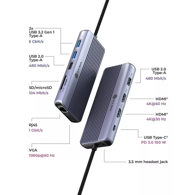 ICY BOX IB-DK4062-CPD con filo USB 3.2 Gen 1 (3.1 Gen 1) Type-C antracite