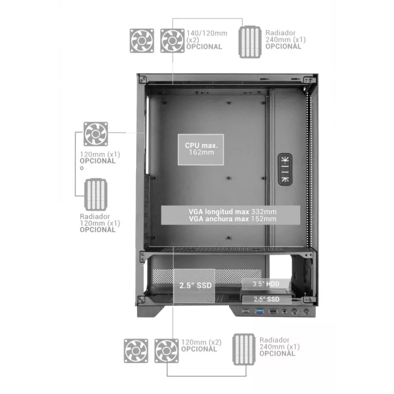 Case PC TACENS MARS MC-PULSAR LCD ATX Midi Tower, vetro temperato, LCD frontale, USB-C, supporta GPU 33,2 cm