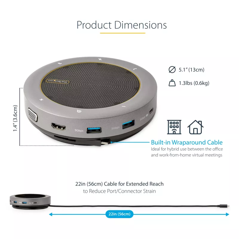 StarTech.com docking station speakerphone USB-C, mini speaker da conferenza portatile e audio dock, USB-C a VGA/HDMI 4K, hub 2x USB-A, microfono/speaker, speakerphone Teams/Zoom/Softphone