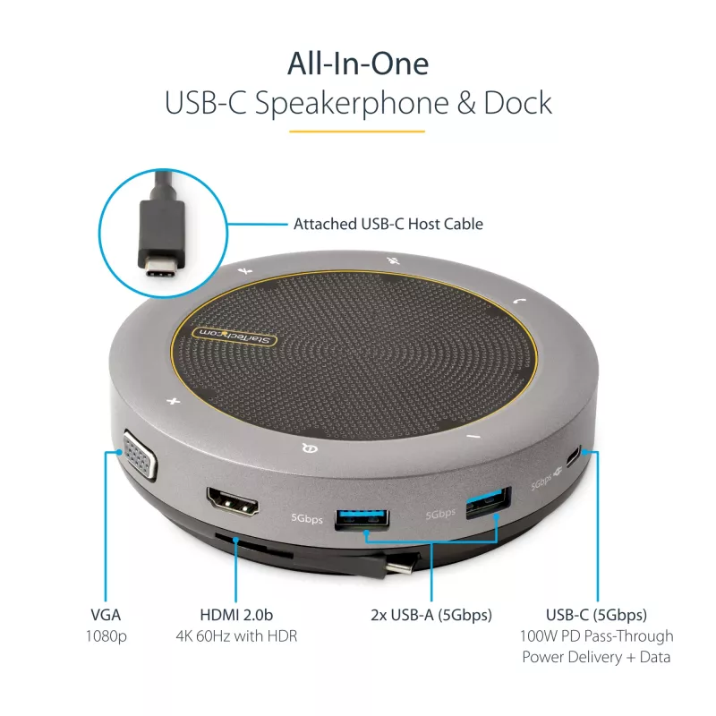 StarTech.com docking station speakerphone USB-C, mini speaker da conferenza portatile e audio dock, USB-C a VGA/HDMI 4K, hub 2x USB-A, microfono/speaker, speakerphone Teams/Zoom/Softphone