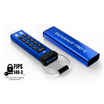 iStorage datAshur PRO+C 256GB | certificato FIPS 140-3 Level 3 | unità USB Type-C sicura | crittografia hardware AES-XTS 256-Bit | protetta da PIN | adattatore Type-C-A incluso