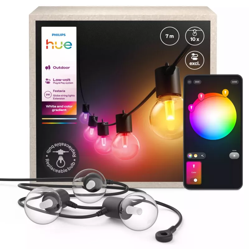 Philips Hue White and Colour Ambience Hue Festavia Globe catena luminosa da esterno 7 m prolunga