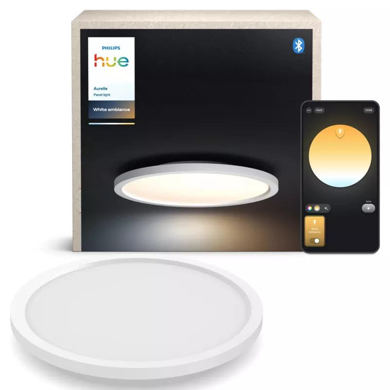 Philips Aurelle Hue lampada pannello rotonda, lampada da soffitto intelligente, Bluetooth/Zigbee, bianco, LED, alluminio, variabile