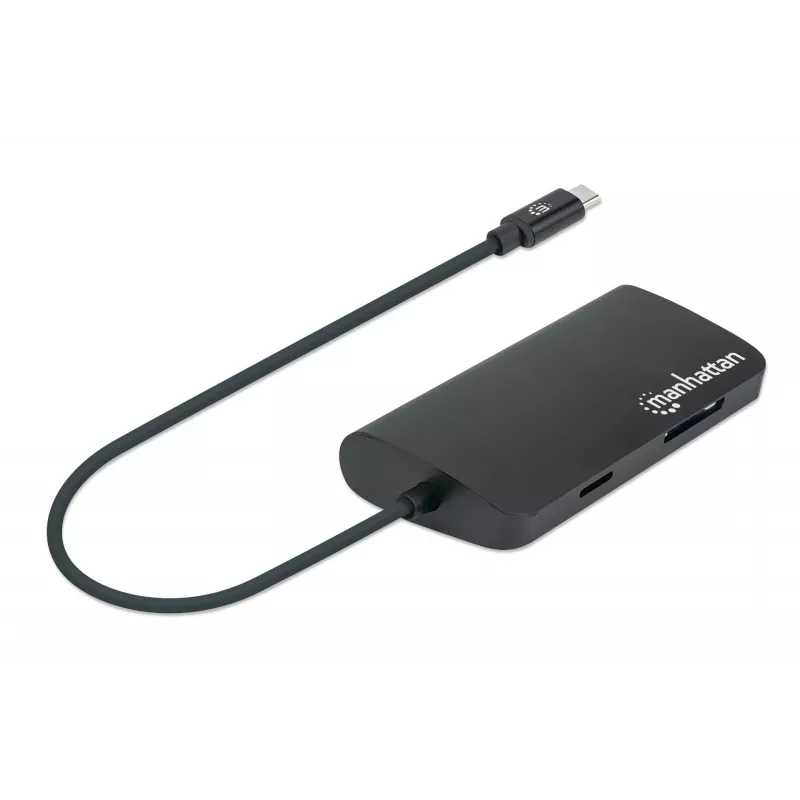 Manhattan dock/hub USB-C con lettore di schede, porte (x5): Ethernet, USB-A (3) e USB-C, 5 Gbit/s (USB 3.2 Gen1 alias USB 3.0), con Power Delivery (100W) alla porta USB-C (nota: alimentatore USB-C e cavo USB-C aggiuntivi necessari), universale per tutti i dispositivi, alluminio
