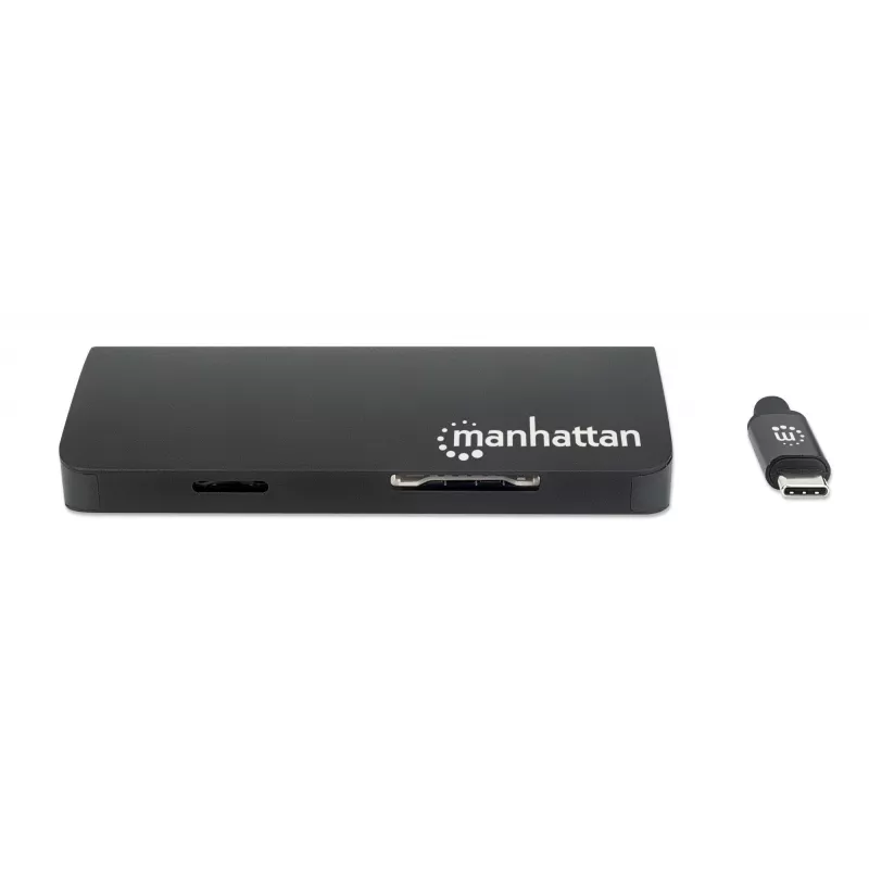 Manhattan dock/hub USB-C con lettore di schede, porte (x5): Ethernet, USB-A (3) e USB-C, 5 Gbit/s (USB 3.2 Gen1 alias USB 3.0), con Power Delivery (100W) alla porta USB-C (nota: alimentatore USB-C e cavo USB-C aggiuntivi necessari), universale per tutti i dispositivi, alluminio
