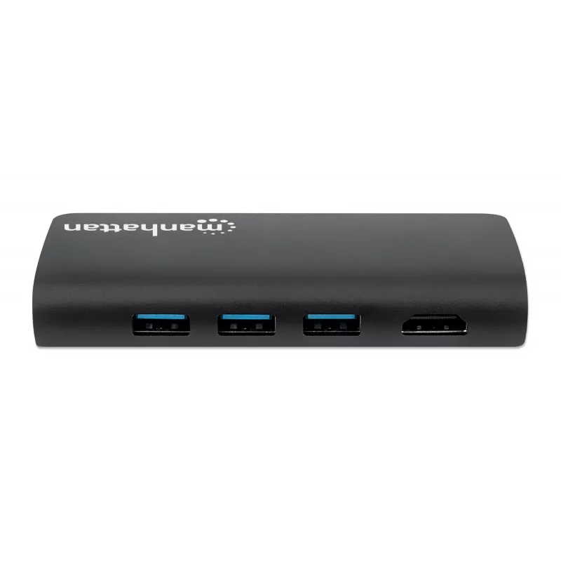 Manhattan dock/hub USB-C con lettore di schede, porte (x5): Ethernet, USB-A (3) e USB-C, 5 Gbit/s (USB 3.2 Gen1 alias USB 3.0), con Power Delivery (100W) alla porta USB-C (nota: alimentatore USB-C e cavo USB-C aggiuntivi necessari), universale per tutti i dispositivi, alluminio