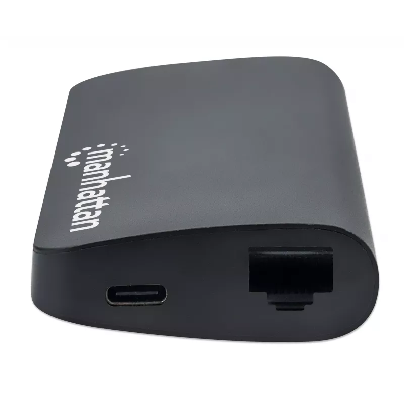 Manhattan dock/hub USB-C con lettore di schede, porte (x5): Ethernet, USB-A (3) e USB-C, 5 Gbit/s (USB 3.2 Gen1 alias USB 3.0), con Power Delivery (100W) alla porta USB-C (nota: alimentatore USB-C e cavo USB-C aggiuntivi necessari), universale per tutti i dispositivi, alluminio