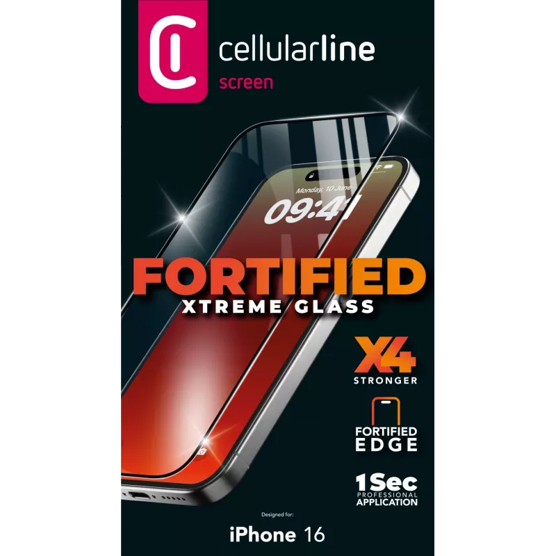Cellularline Fortified Xtreme Glass - iPhone 16 vetro temperato ultraresistente con bordi rinforzati, facile da applicare ed estremamente resistente