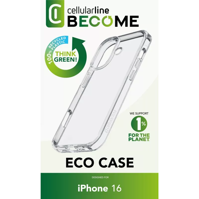 Cellularline Become Case - custodia per iPhone 16 in plastica 100% riciclata
