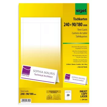 Sigel DP050 segnaposto, 240 x 90 mm, 185 g/m², bianco ottico, 20 pz.