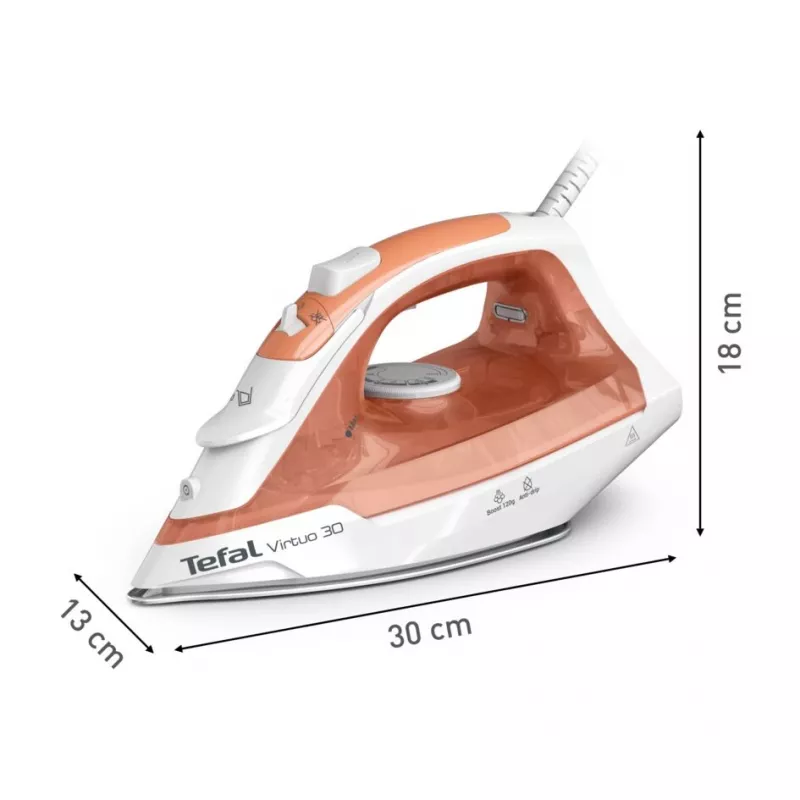 Tefal Virtuo 30 FV2C40E0 ferro da stiro a secco e a vapore piastra in ceramica 2000 W pesca, bianco