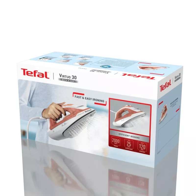Tefal Virtuo 30 FV2C40E0 ferro da stiro a secco e a vapore piastra in ceramica 2000 W pesca, bianco