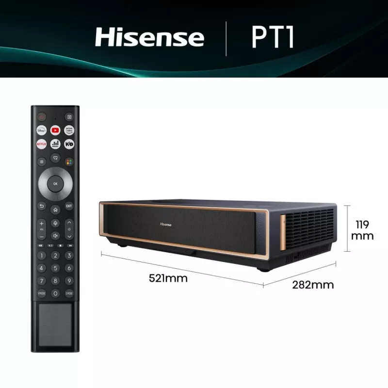 Proiettore HISENSE PT1 3D Smart-TV, nativo 16:9, Wi‑Fi & Ethernet, HDR (HLG), HDMI 2.0/2.1, nero