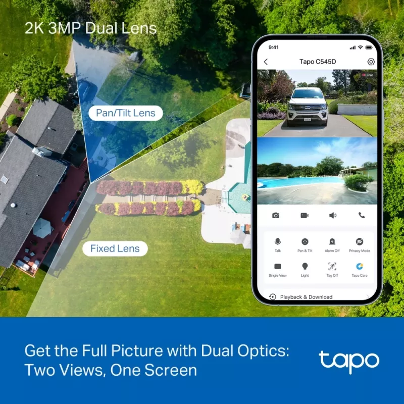 TP-Link Tapo Telecamera di sicurezza Pan/Tilt Outdoor Dual Lens, Telecamera di sicurezza IP, Esterno, Con filo e wireless, Montaggio a soffitto/parete/palo, Bianco, Sferica