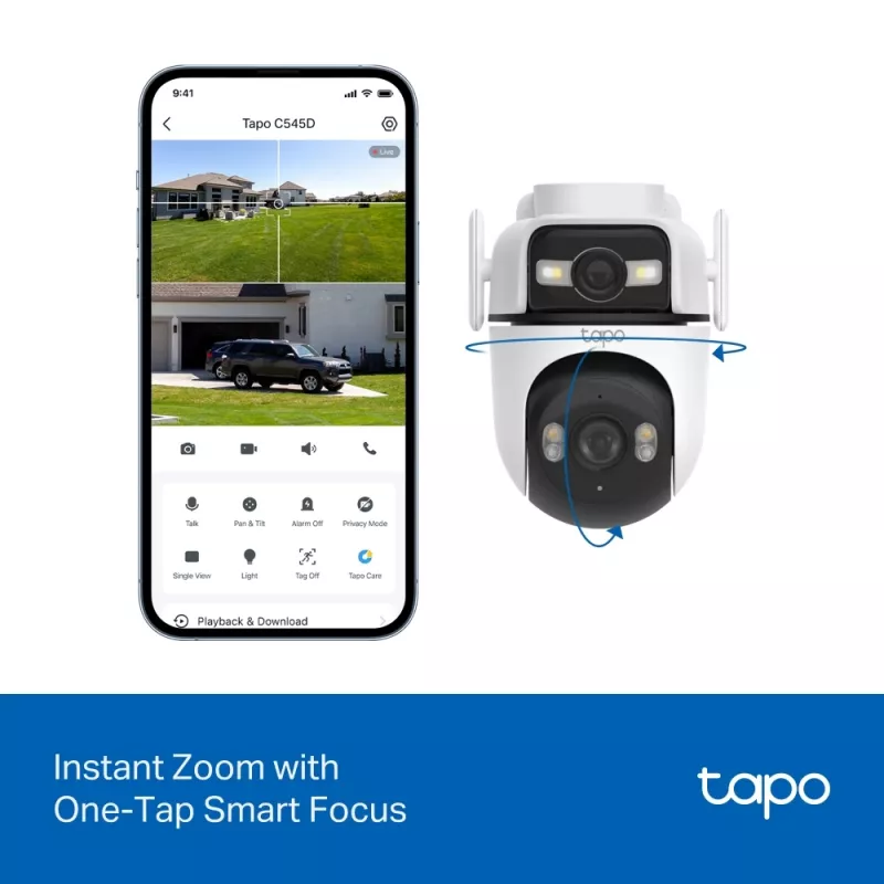 TP-Link Tapo Telecamera di sicurezza Pan/Tilt Outdoor Dual Lens, Telecamera di sicurezza IP, Esterno, Con filo e wireless, Montaggio a soffitto/parete/palo, Bianco, Sferica