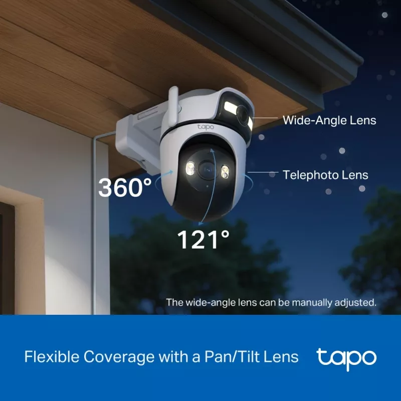 TP-Link Tapo Telecamera di sicurezza Pan/Tilt Outdoor Dual Lens, Telecamera di sicurezza IP, Esterno, Con filo e wireless, Montaggio a soffitto/parete/palo, Bianco, Sferica