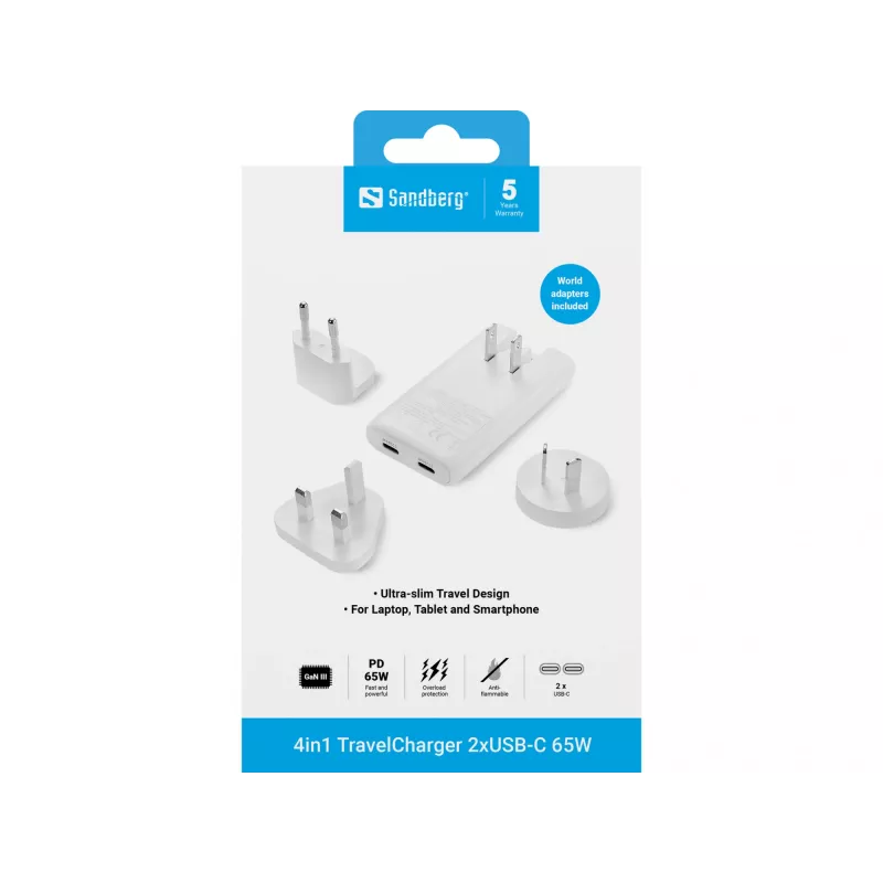 Sandberg 4in1 TravelCharger 65W bianco, per interni, AC, 20 V, bianco