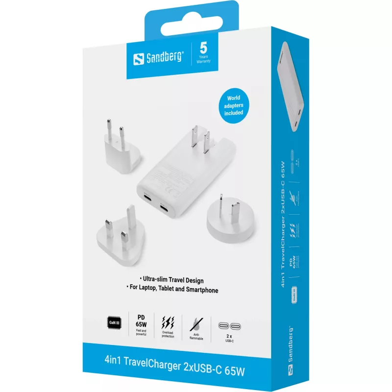 Sandberg 4in1 TravelCharger 65W bianco, per interni, AC, 20 V, bianco