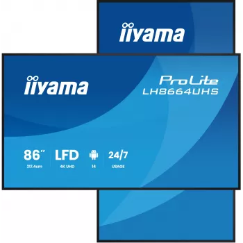 Display piatto per digital signage IIYAMA LH8664UHS-B3AG — 85,6 pollici (2,17 m) 3840x2160 4K IPS, 450 cd/m², Wi‑Fi, Android, 24/7, nero