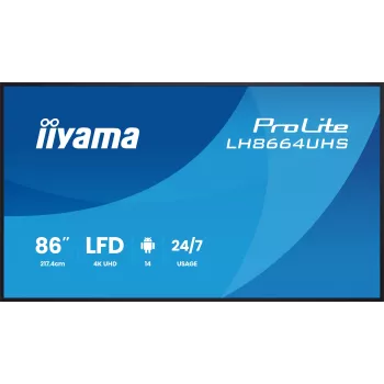 Display piatto per digital signage IIYAMA LH8664UHS-B3AG — 85,6 pollici (2,17 m) 3840x2160 4K IPS, 450 cd/m², Wi‑Fi, Android, 24/7, nero