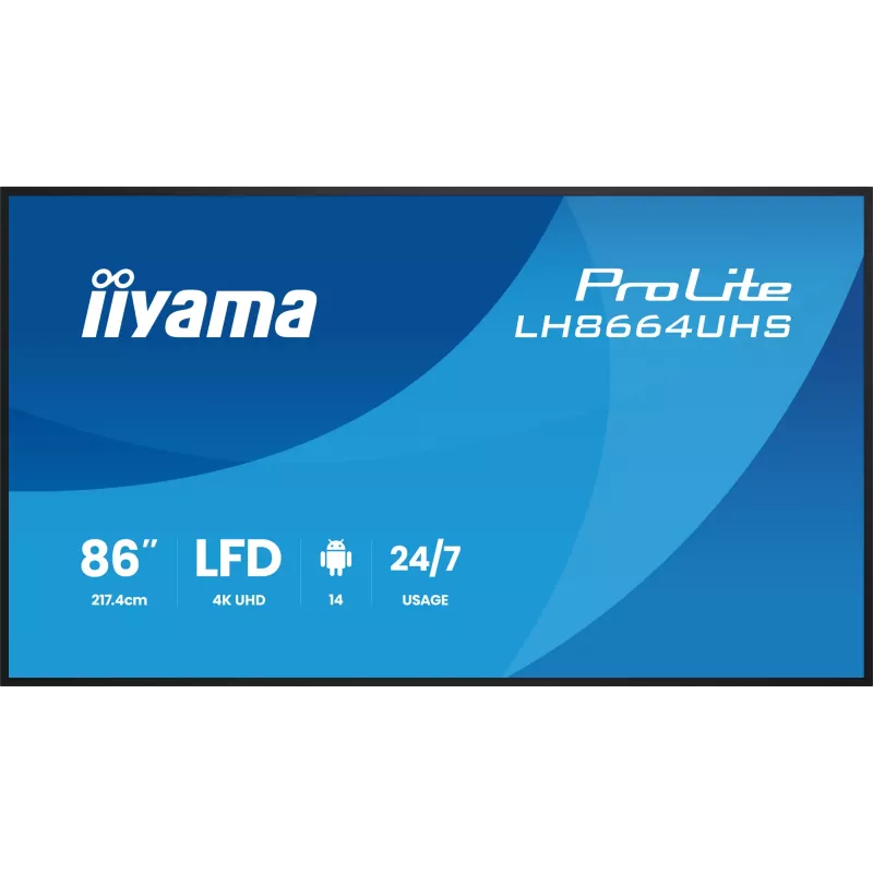 Display piatto per digital signage IIYAMA LH8664UHS-B3AG — 85,6 pollici (2,17 m) 3840x2160 4K IPS, 450 cd/m², Wi‑Fi, Android, 24/7, nero