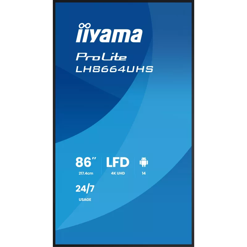 Display piatto per digital signage IIYAMA LH8664UHS-B3AG — 85,6 pollici (2,17 m) 3840x2160 4K IPS, 450 cd/m², Wi‑Fi, Android, 24/7, nero