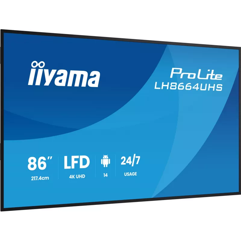 Display piatto per digital signage IIYAMA LH8664UHS-B3AG — 85,6 pollici (2,17 m) 3840x2160 4K IPS, 450 cd/m², Wi‑Fi, Android, 24/7, nero