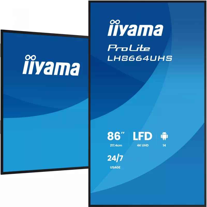 Display piatto per digital signage IIYAMA LH8664UHS-B3AG — 85,6 pollici (2,17 m) 3840x2160 4K IPS, 450 cd/m², Wi‑Fi, Android, 24/7, nero