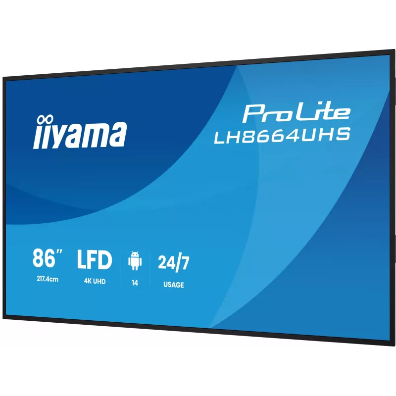 Display piatto per digital signage IIYAMA LH8664UHS-B3AG — 85,6 pollici (2,17 m) 3840x2160 4K IPS, 450 cd/m², Wi‑Fi, Android, 24/7, nero