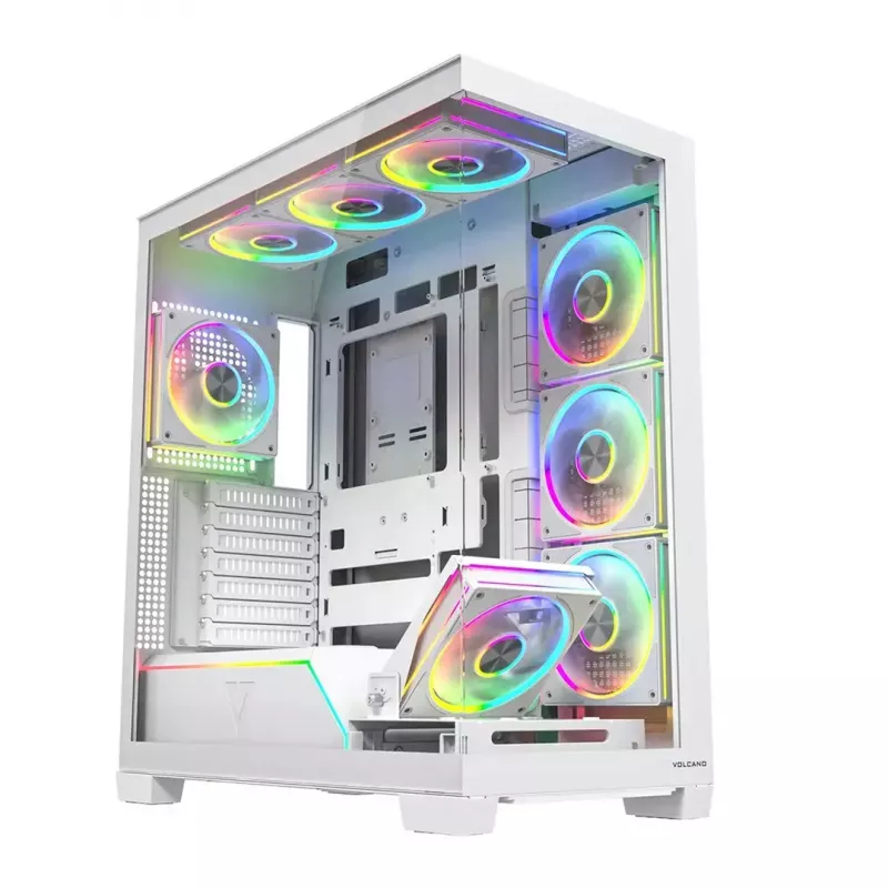 Case PC MODECOM VOLCANO STELLAR PLUS ARGB MIDI 8F BIANCO — Mid-Tower, ATX, vetro temperato, illuminazione ARGB, 8 ventole, GPU fino a 42 cm