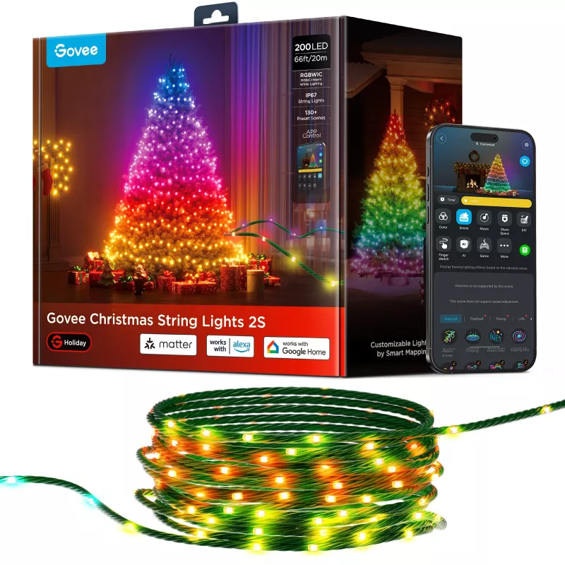 Catena luminosa smart Govee 2S 20 m, Wi‑Fi/Bluetooth, verde, lunghezza 20 m, cavo di alimentazione 2,5 m, larghezza 6 mm