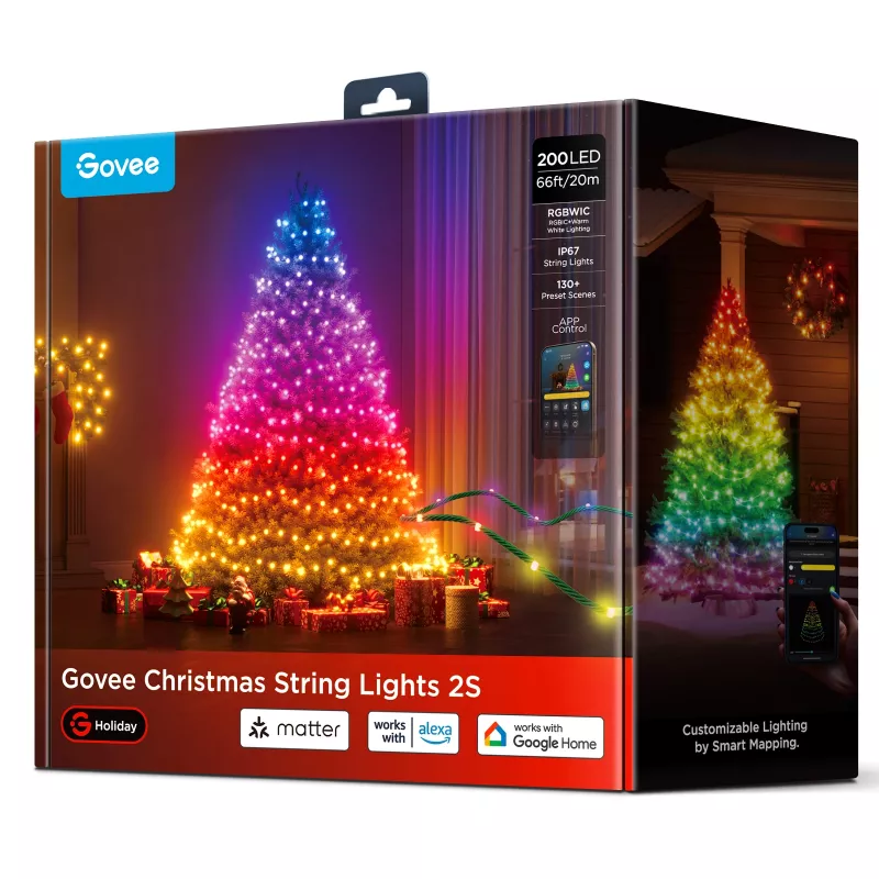 Catena luminosa smart Govee 2S 20 m, Wi‑Fi/Bluetooth, verde, lunghezza 20 m, cavo di alimentazione 2,5 m, larghezza 6 mm