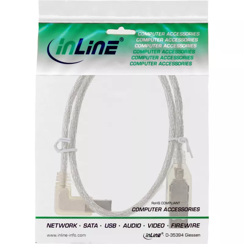 Cavo USB 2.0 InLine Type-A connettore maschio / connettore maschio B angolare a sinistra trasparente 0,5 m
