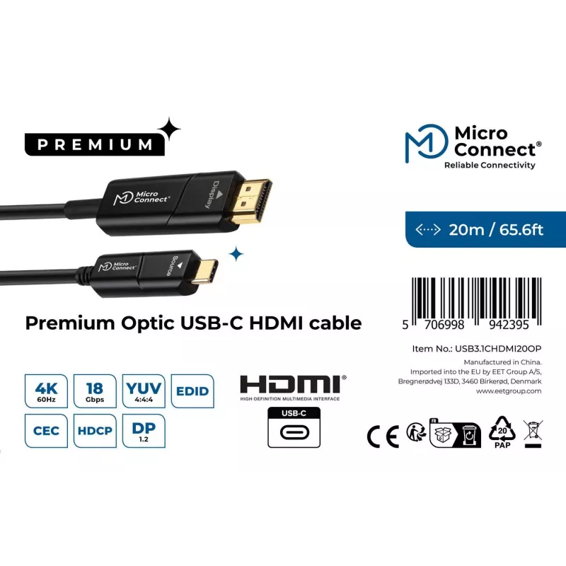 Adattatore cavo video Microconnect USB3.1CHDMI20OP 20 m USB Type-C HDMI nero