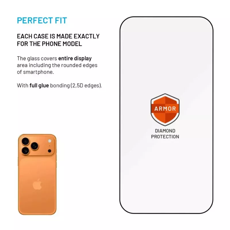 Pellicola protettiva per display FIXED per Apple iPhone 17 Pro — vetro temperato, nero, Armor con applicatore anti-polvere e strato AR